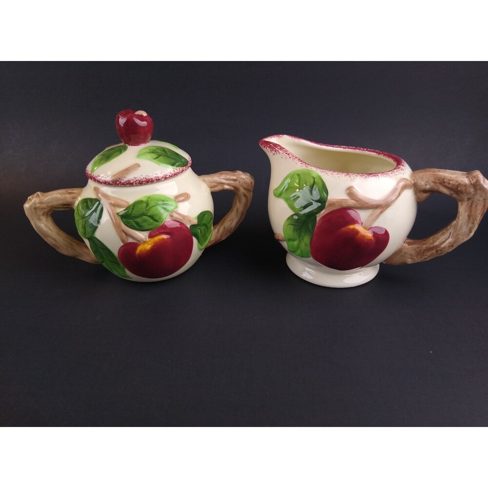 Cracker Barrel Apple Sugar Bowl and Creamer Set Rustic Style Dishwasher Safe